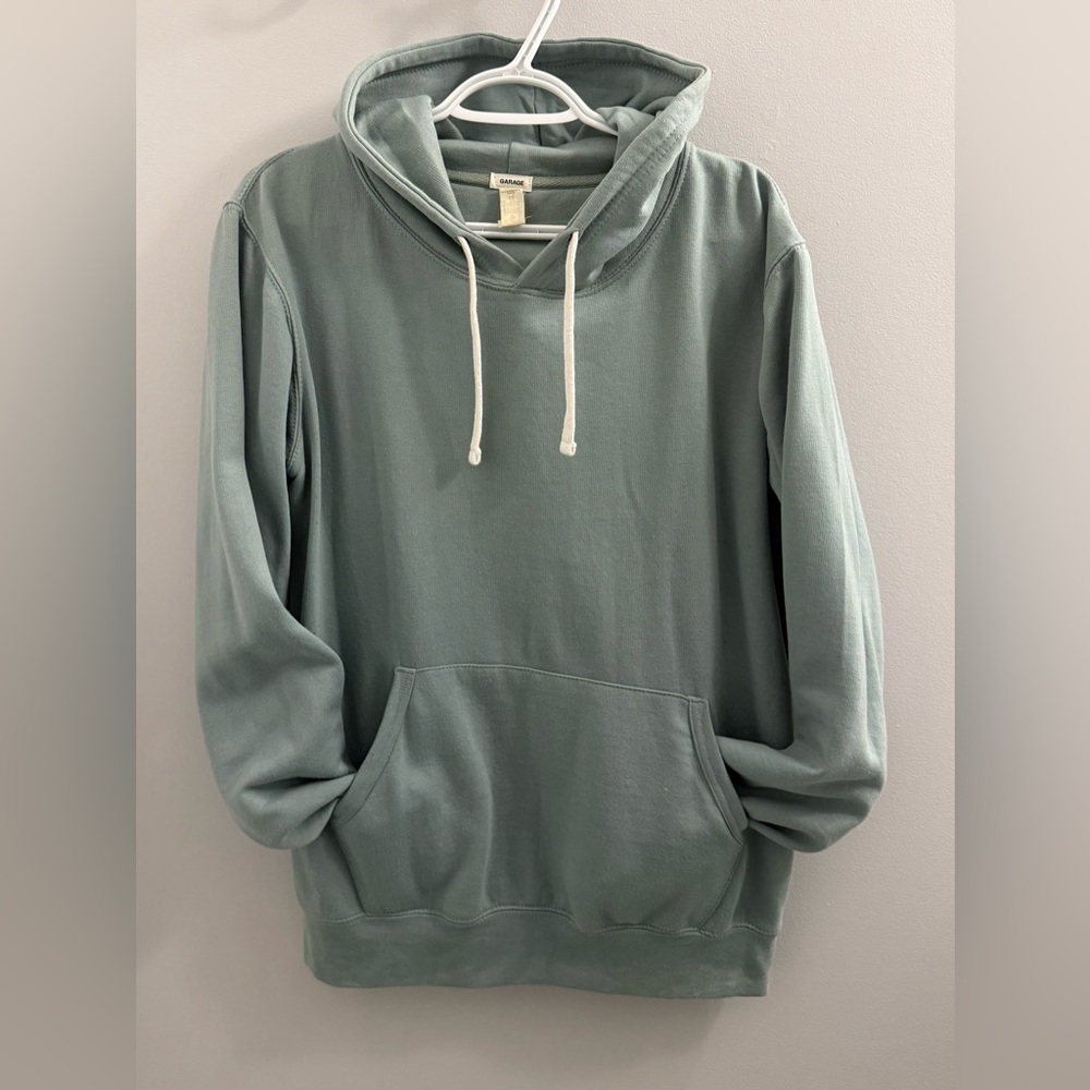 Garage | Sage Green Relaxed Fit Hoodie Kangaroo Pocket with Cream Drawstrings - Picture 3 of 7